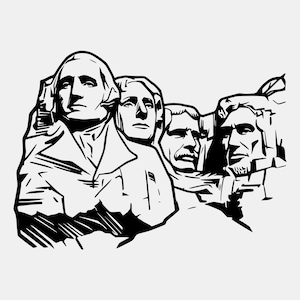 Puede incluir: Ilustración en blanco y negro del Monte Rushmore, que representa los rostros de cuatro presidentes estadounidenses. La obra de arte utiliza líneas negras audaces para crear una representación gráfica del famoso monumento, sobre un fondo blanco.