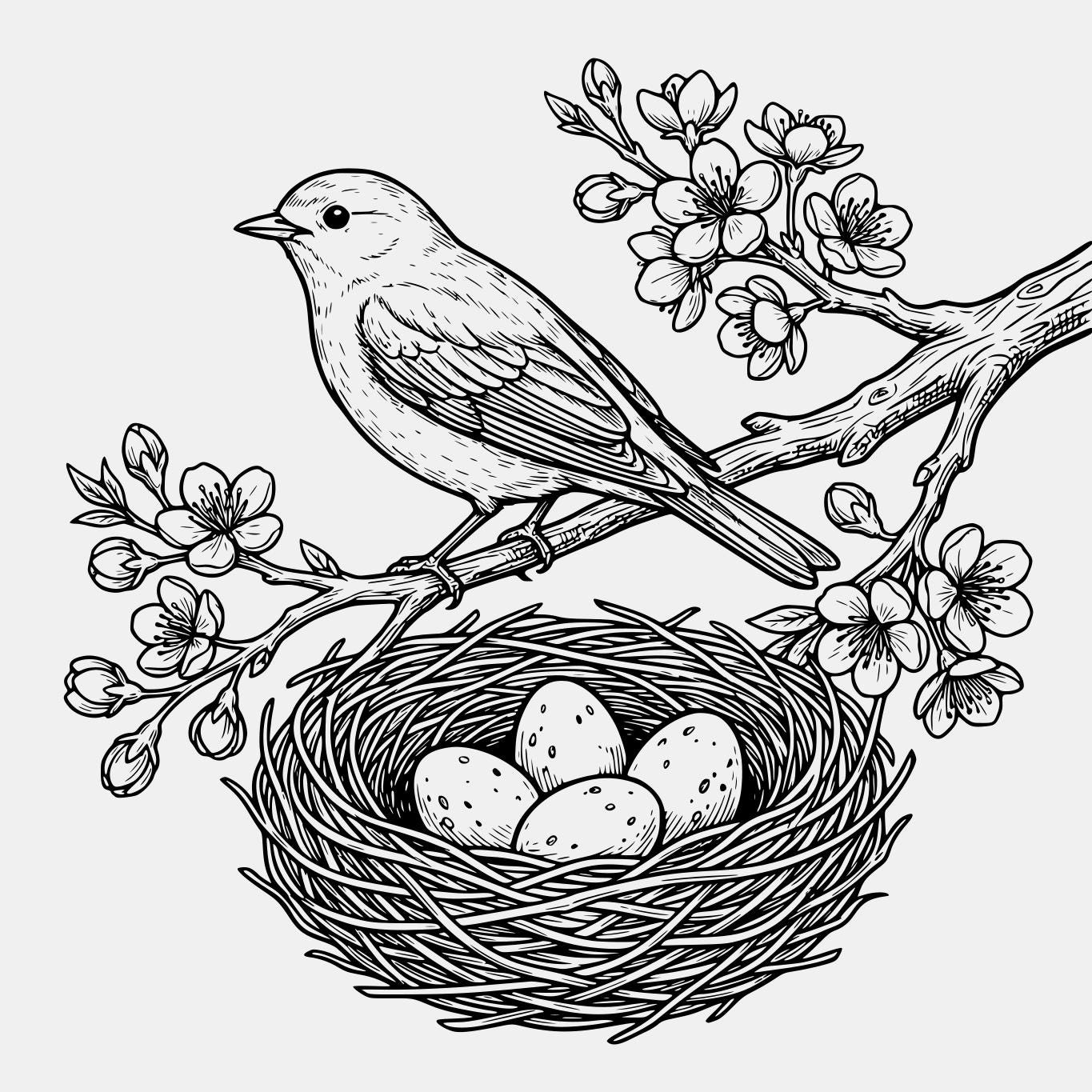 Black and White Bird Nest Line Art SVG, Delicate Blossom Branch ...