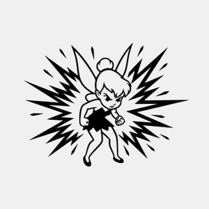 Puede incluir: Ilustración en blanco y negro de un hada enfadada, rodeada de una explosión de energía. El hada lleva un vestido y tiene alas. La imagen es de estilo caricatura.