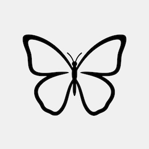 May include: A symmetrical black butterfly illustration with detailed wing outlines and antennae, set against a plain white background. The design is simple and graphic, suitable for various applications.