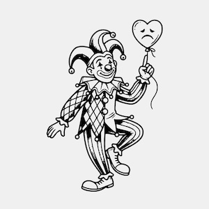 May include: Black and white illustration of a jester with a sad heart-shaped balloon. The jester is wearing a traditional costume with a diamond pattern on the sleeves and striped pants. The jester's face has a painted smile and a red nose.
