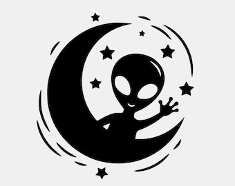 Alien on Moon SVG, Kawaii Space Clipart (Instant Download)