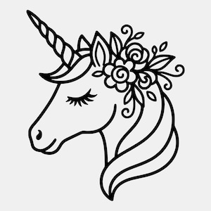May include: A black and white illustration of a unicorn head. The unicorn has a spiralled horn, closed eyes with long eyelashes, and a floral crown. The mane is flowing, and the design is simple and elegant.