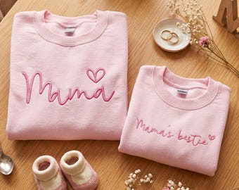 EMBROIDERED Mama And Mama's Bestie Matching Sweatshirt, Mommy Baby Sweatshirt, Family Matching Outfits, Baby Announcement, Baby Shower Gift