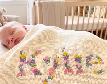 Custom Floral Baby Name Blanket, Newborn Hospital Gift,  Custom Baby Gift, Baby Name Swaddle, Flower Design Blanket, Cotton Baby Blanket