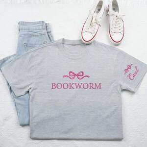 Embroidered Book Lover Bookworm Sweatshirt, Bow Coquette Bookish Shirt, Reading Book Shirt, Librarian Shirt, Teacher Appreciation Shirt.