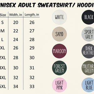 K&ouml;nnte beinhalten: Eine Gr&ouml;&szlig;entabelle und Farbauswahl f&uuml;r Unisex-Sweatshirts und -Hoodies f&uuml;r Erwachsene. Die Gr&ouml;&szlig;en reichen von S bis 5XL, mit Breiten- und L&auml;ngenma&szlig;en in Zoll. Verf&uuml;gbare Farben sind Wei&szlig;, Schwarz, Sand, Sportgrau, Bordeaux, Dunkelgrau, Waldgr&uuml;n, Milit&auml;rgr&uuml;n, Hellrosa und Hellblau.