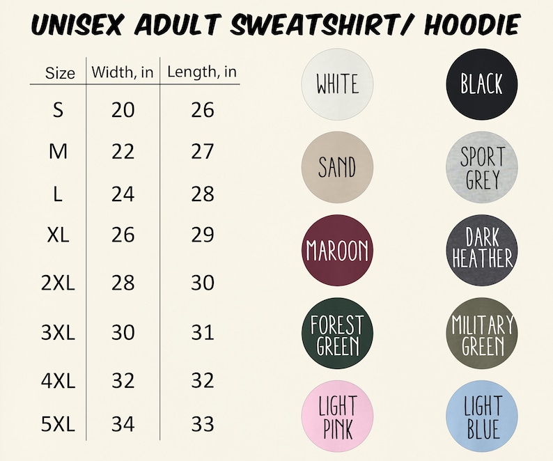 K&ouml;nnte beinhalten: Eine Gr&ouml;&szlig;entabelle und Farbauswahl f&uuml;r Unisex-Sweatshirts und -Hoodies f&uuml;r Erwachsene. Die Gr&ouml;&szlig;en reichen von S bis 5XL, mit Breiten- und L&auml;ngenma&szlig;en in Zoll. Verf&uuml;gbare Farben sind Wei&szlig;, Schwarz, Sand, Sportgrau, Bordeaux, Dunkelgrau, Waldgr&uuml;n, Milit&auml;rgr&uuml;n, Hellrosa und Hellblau.