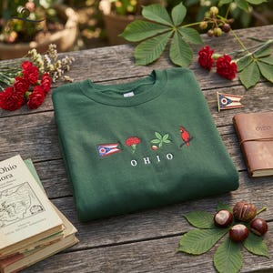 May include: A dark green sweatshirt with embroidered Ohio state symbols, including a flag, flower, leaf, and cardinal. The word "OHIO" is embroidered below the symbols. A small Ohio flag pin and a leather-bound notebook are also visible.