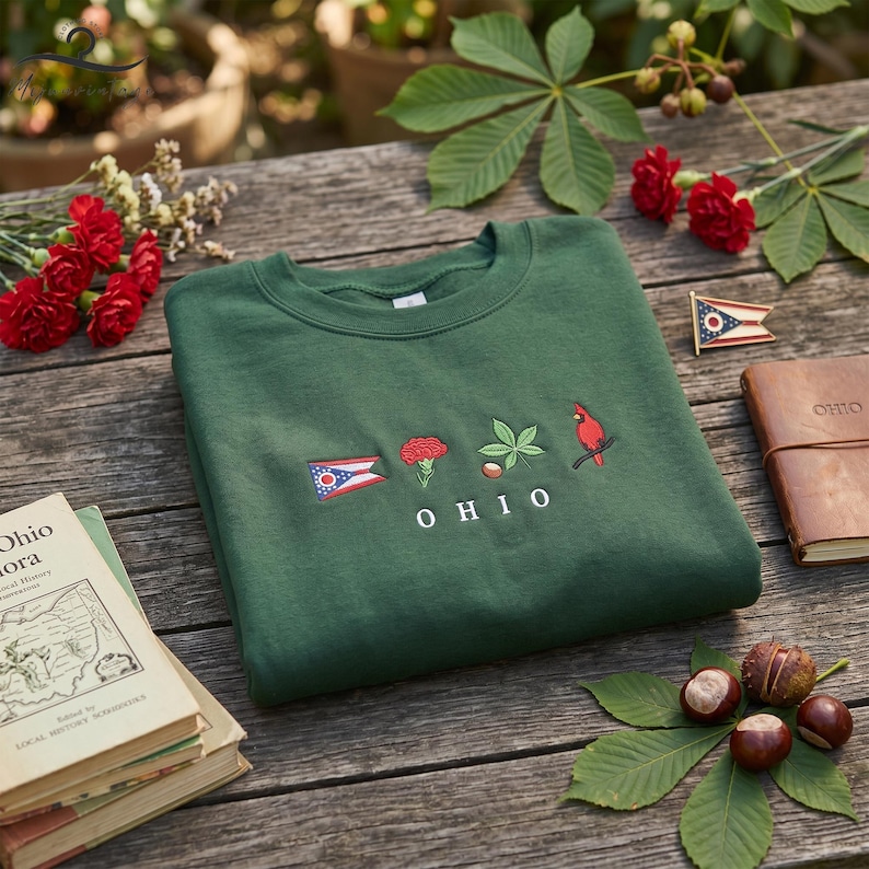 May include: A dark green sweatshirt with embroidered Ohio state symbols, including a flag, flower, leaf, and cardinal. The word "OHIO" is embroidered below the symbols. A small Ohio flag pin and a leather-bound notebook are also visible.