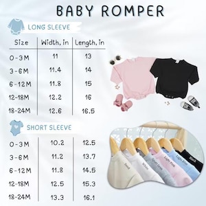 May include: A baby romper size chart featuring long sleeve and short sleeve measurements in inches. The image displays a light pink and a black short sleeve romper, along with a row of rompers in sand, white, sport grey, light pink, light blue, and black.