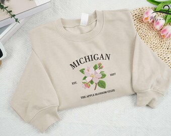 EMBROIDERED  Michigan Apple Blossom State Sweatshirt, US State Flowers Crewneck, Michigan 1837 Shirt, Michigan Floral Shirt, Michigan Gift