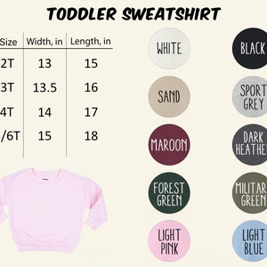 K&ouml;nnte beinhalten: Hellrosa Kleinkind-Sweatshirt mit Gr&ouml;&szlig;entabelle, die Breite und L&auml;nge in Zoll anzeigt. Farboptionen sind Wei&szlig;, Schwarz, Sand, Sportgrau, Bordeaux, Dunkelgrau, Waldgr&uuml;n, Milit&auml;rgr&uuml;n, Hellrosa und Hellblau.