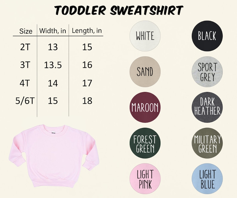 K&ouml;nnte beinhalten: Hellrosa Kleinkind-Sweatshirt mit Gr&ouml;&szlig;entabelle, die Breite und L&auml;nge in Zoll anzeigt. Farboptionen sind Wei&szlig;, Schwarz, Sand, Sportgrau, Bordeaux, Dunkelgrau, Waldgr&uuml;n, Milit&auml;rgr&uuml;n, Hellrosa und Hellblau.