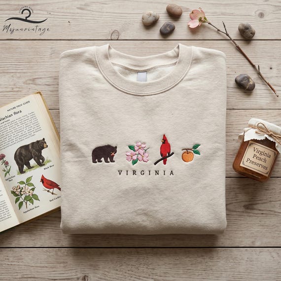 EMBROIDERED Virginia State Sweatshirt, Virginia Travel Gifts, Virginia T-shirt, EMBROIDERED West Virginia Rhododendron State Sweatshirt.