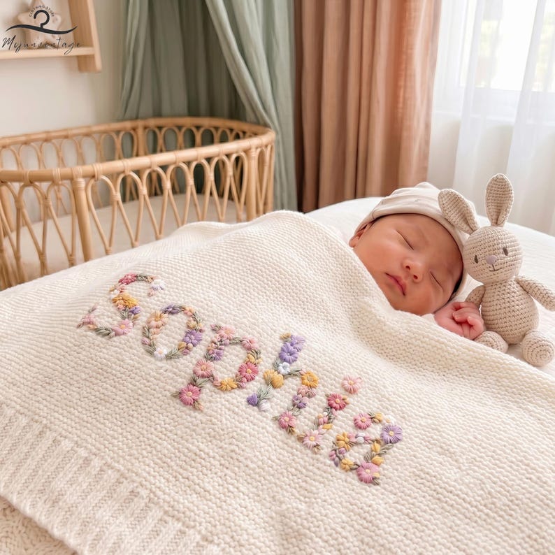 Custom Floral Baby Name Blanket, Newborn Hospital Gift, Custom Baby Gift, Baby Name Swaddle, Flower Design Blanket, Cotton Baby Blanket image 3