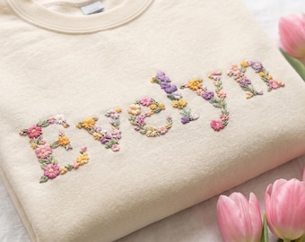 Embroidered Custom Floral Name Sweatshirts, Personalized Name Gift, Cute Girl Name Shirts, Birthday Kids Shirt, Flower Girls Gift