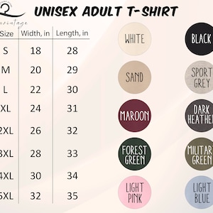 K&ouml;nnte beinhalten: Produktbild mit Gr&ouml;&szlig;entabelle und Farbauswahl f&uuml;r ein Unisex-Erwachsenen-T-Shirt. Die Tabelle listet die Gr&ouml;&szlig;en S bis 5XL auf, mit Breiten- und L&auml;ngenma&szlig;en in Zoll. Farboptionen sind Wei&szlig;, Schwarz, Sand, Sportgrau, Bordeaux, Dunkelgrau, Waldgr&uuml;n, Milit&auml;rgr&uuml;n, Hellrosa und Hellblau.