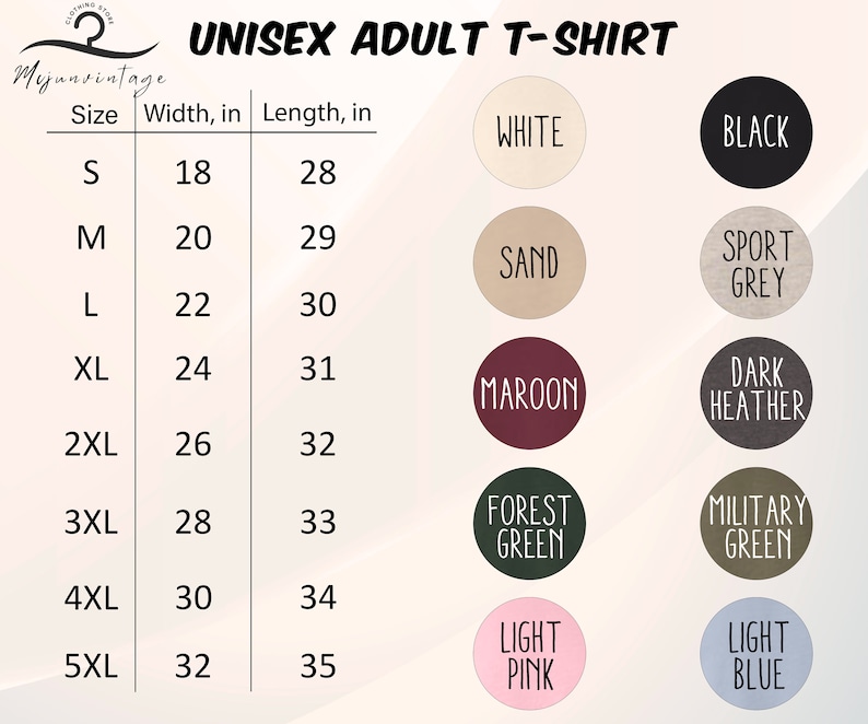K&ouml;nnte beinhalten: Produktbild mit Gr&ouml;&szlig;entabelle und Farbauswahl f&uuml;r ein Unisex-Erwachsenen-T-Shirt. Die Tabelle listet die Gr&ouml;&szlig;en S bis 5XL auf, mit Breiten- und L&auml;ngenma&szlig;en in Zoll. Farboptionen sind Wei&szlig;, Schwarz, Sand, Sportgrau, Bordeaux, Dunkelgrau, Waldgr&uuml;n, Milit&auml;rgr&uuml;n, Hellrosa und Hellblau.