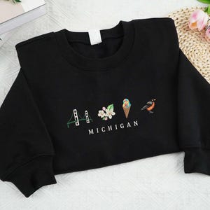 May include: Black sweatshirt with a white graphic design featuring a bridge, a flower, an ice cream cone, and a bird with the text "MICHIGAN".