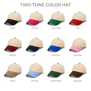 May include: A collection of twelve two-tone baseball caps with a cream-colored crown and a colored brim. The brim colors include black, hot pink, kelly green, red, maroon, navy, royal blue, light pink, coffee, light blue, forest green, and chocolate.