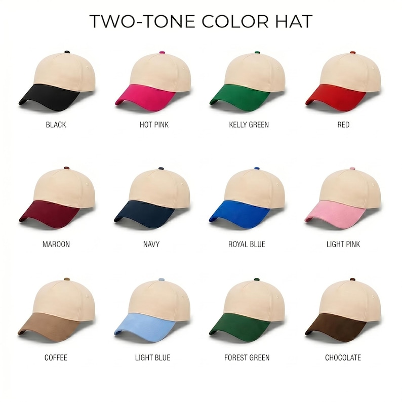 May include: A collection of twelve two-tone baseball caps with a cream-colored crown and a colored brim. The brim colors include black, hot pink, kelly green, red, maroon, navy, royal blue, light pink, coffee, light blue, forest green, and chocolate.