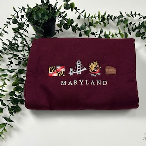 Embroidered Maryland Icons Sweatshirt, Maryland State Map Shirt, Maryland State Flower Shirt, Vacation In Maryland Shirt, US State Gift