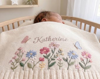 Custom Embroidered Baby Blanket With Name, Floral Cotton Throw, Newborn Keepsake Gift, Baby Girl Birthday Present, Flower Design Blanket