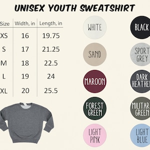 K&ouml;nnte beinhalten: Ein dunkelgraues Unisex-Jugend-Sweatshirt. Das Bild enth&auml;lt eine Gr&ouml;&szlig;entabelle mit Ma&szlig;en in Zoll, von XS bis XL. Verf&uuml;gbare Farben sind Wei&szlig;, Schwarz, Sand, Sportgrau, Bordeauxrot, Dunkelgrau, Waldgr&uuml;n, Milit&auml;rgr&uuml;n, Hellrosa und Hellblau.
