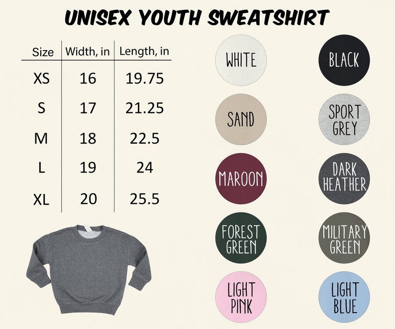 K&ouml;nnte beinhalten: Ein dunkelgraues Unisex-Jugend-Sweatshirt. Das Bild enth&auml;lt eine Gr&ouml;&szlig;entabelle mit Ma&szlig;en in Zoll, von XS bis XL. Verf&uuml;gbare Farben sind Wei&szlig;, Schwarz, Sand, Sportgrau, Bordeauxrot, Dunkelgrau, Waldgr&uuml;n, Milit&auml;rgr&uuml;n, Hellrosa und Hellblau.