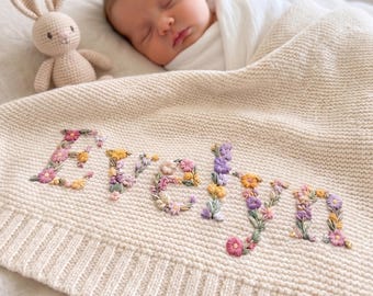 Custom Floral Baby Name Blanket, Newborn Hospital Gift,  Custom Baby Gift, Baby Name Swaddle, Flower Design Blanket, Cotton Baby Blanket