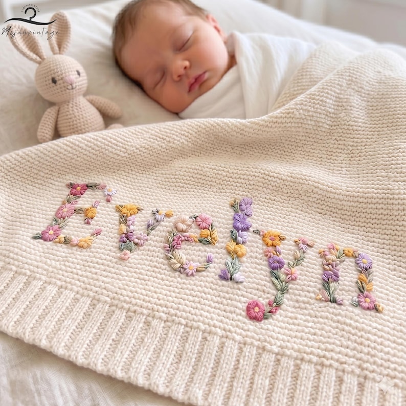 May include: A cream-coloured knitted baby blanket featuring the name Evelyn embroidered in a floral script font with pink, yellow, and purple thread. A small, light brown crocheted rabbit toy sits next to a sleeping infant wrapped in a white swaddle.