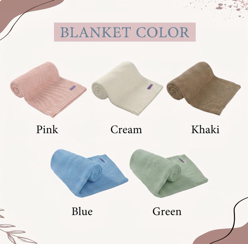 May include: Five rolled blankets in pink, cream, khaki, blue, and green. Each blanket features a ribbed knit texture and a small rectangular label. The text BLANKET COLOR is displayed at the top, with individual colour names below each item.