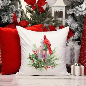 Christmas Cardinal Pillow, Farmhouse Christmas Pillow, Christmas Home Pillows, Cardinal Polyester Square Pillow, Cardinal Christmas Decor