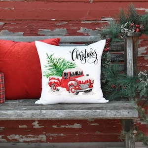 Christmas Pillow, Christmas Truck Pillow, Red Pickup Truck Pillow, Farmhouse Decor, Rustic Decor, Holiday Decor, Christmas Red Truck Pillow