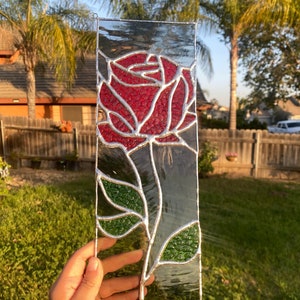 Stained glass red rose, sun catcher, window/hanging, gift, handmade, home decor, glass art ornaments, creative, unique