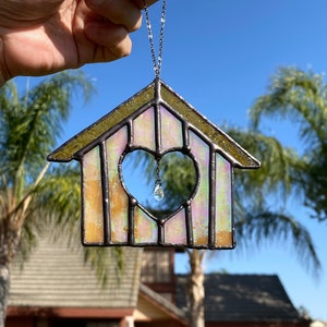 Stained glass house, sun catcher, window/hanging, gift, handmade, home decor, glass art ornaments, creative, unique
