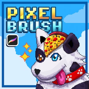 Puede incluir: Pincel de arte de píxeles con un animal de dibujos animados con una rebanada de pizza en la cabeza. El animal tiene pelaje blanco y negro, ojos azules y una lengua rosa que sobresale. El fondo es un cielo azul con nubes blancas. El texto "PIXEL BRUSH" está en letras grandes y amarillas en la parte superior de la imagen.