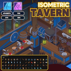 Op de afbeelding: Isometrische illustratie van een taverneninterieur met houten tafels, stoelen, vaten en planken. De taverne heeft een blauw en bruin kleurenschema en beschikt over een verscheidenheid aan details, waaronder een open haard, een kroonluchter en een bord met de tekst "ISOMETRIC TAVERN".
