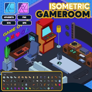 May include: Isometric illustration of a gamer room with a gaming setup, a retro arcade game, a couch, a coffee table, a TV, a record player, and a skateboard. The room is decorated with gaming-themed stickers and posters.