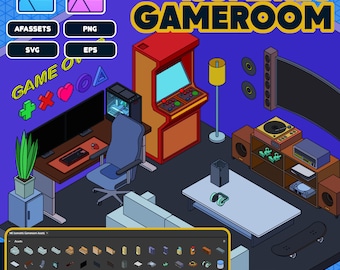 Pode incluir: Ilustração isométrica de uma sala de jogos com uma configuração de jogo, um jogo de arcade retro, um sofá, uma mesa de café, uma televisão, um toca-discos e um skate. A sala é decorada com adesivos e pôsteres com tema de jogos.