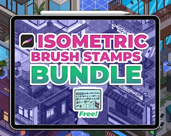 May include: A digital illustration of a tablet screen displaying a set of free isometric brush stamps for creating cityscapes. The text on the screen reads "Isometric Brush Stamps Bundle Free!" The image is surrounded by a variety of isometric buildings and structures.