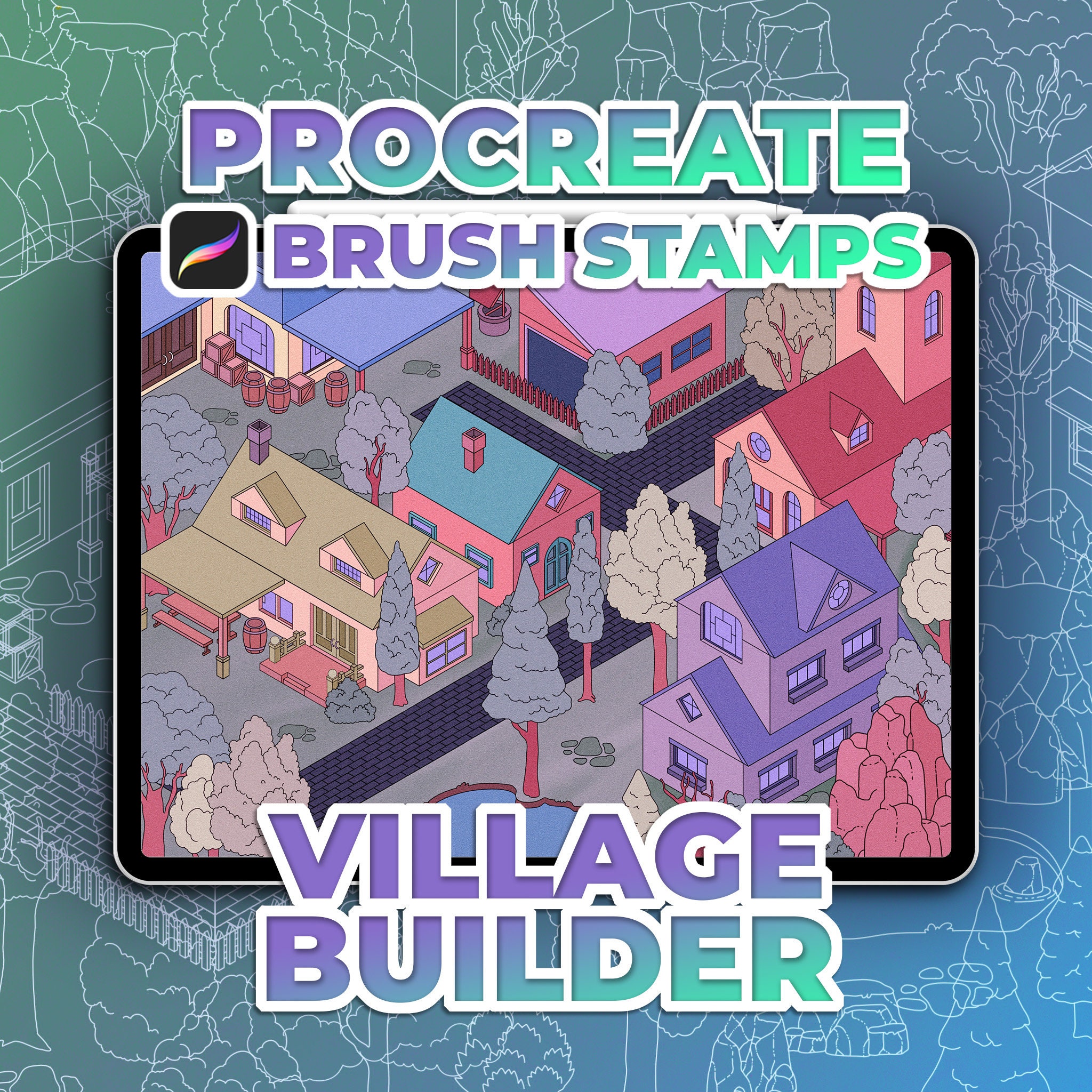 Village Builder 100 sellos de pincel isométricos para Procreate – Crea acogedores pueblos 3D con facilidad | Descarga digital