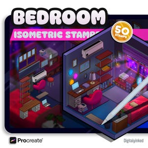 Isometriskt stämpelset för sovrum: 50+ Procreate-inredningsmaterial (nedladdning direkt)