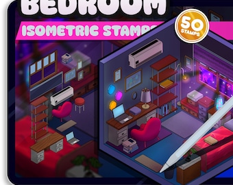 Conjunto de pinceles isométricos para dormitorios: más de 50 recursos para interiores de Procreate (descarga instantánea)