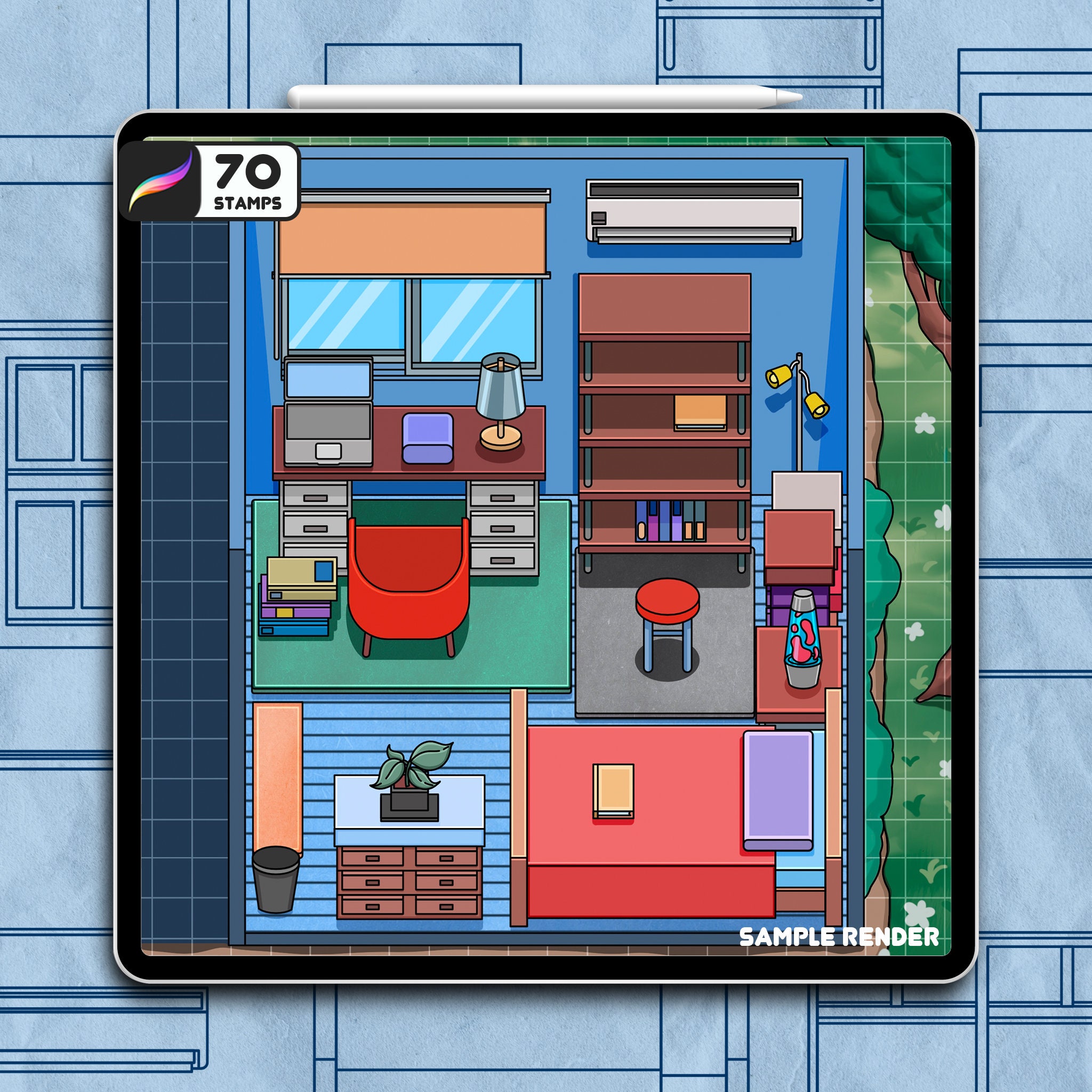 70 Topdown Bedroom Brush Stamps for Procreate Digital Download