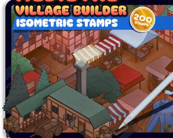 May include: Isometric stamps for a medieval village builder. The image shows a detailed illustration of a medieval village with buildings, market stalls, and trees. The text "Medieval Village Builder Isometric Stamps" is displayed at the top, with a "200 Stamps" badge.