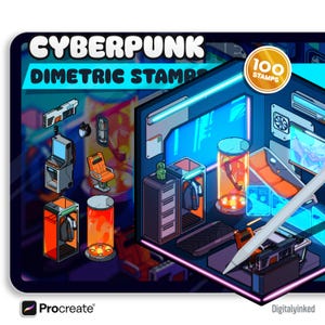 Conjunto de pincéis para quarto cyberpunk para Procreate: Dimetric Room Builder (Download digital)