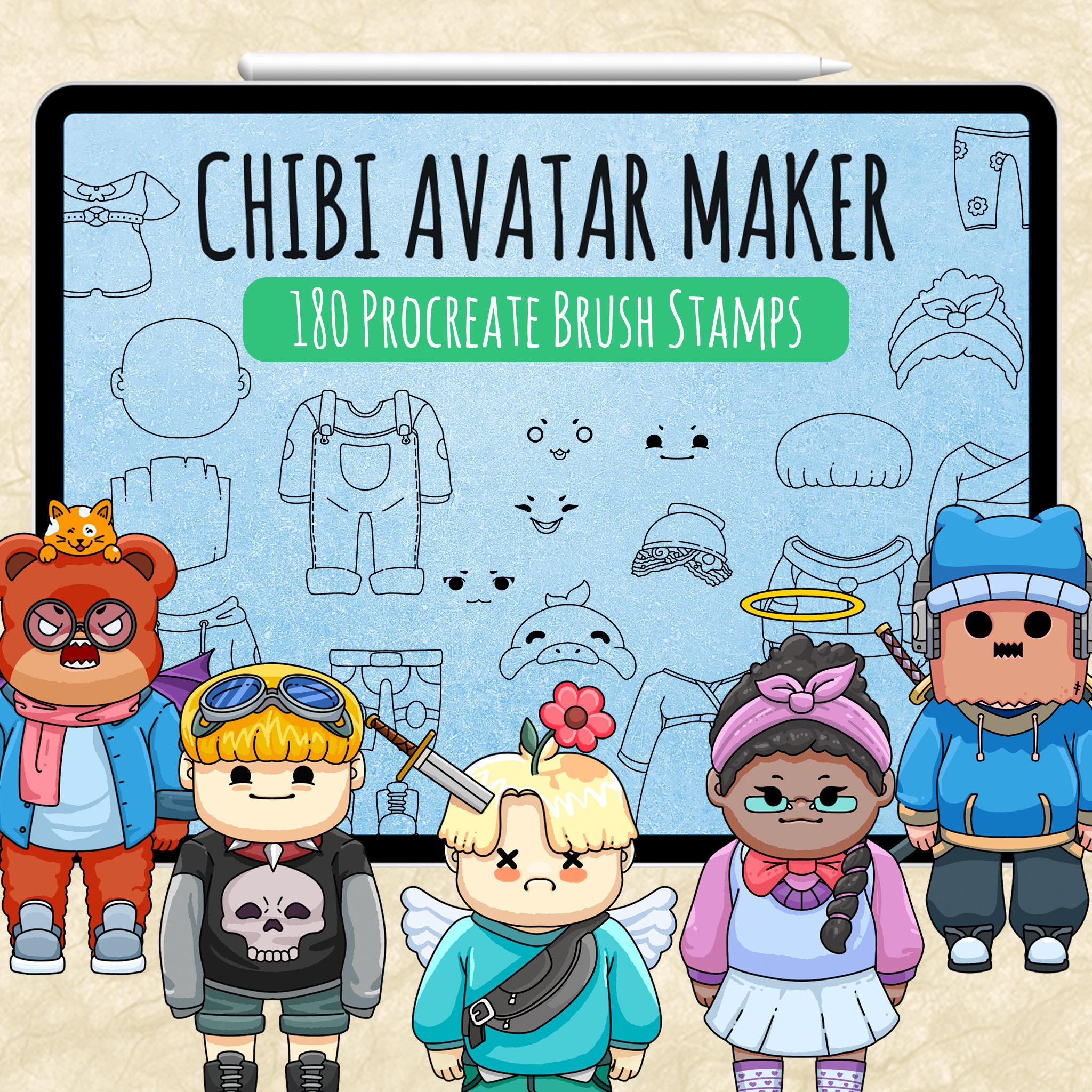 180 Procreate Chibi Avatar Brush Stamps | Cute Character Creator Kit | Instant Download