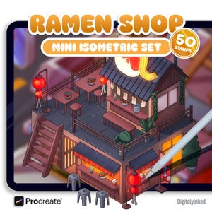 Può includere: Illustrazione isometrica di un negozio di ramen con tonalità rosse e arancioni. Il negozio presenta tavoli, sgabelli e lanterne rosse. Il testo sull'immagine recita "RAMEN SHOP MINI ISOMETRIC SET 50 STAMPS" e "Procreate".